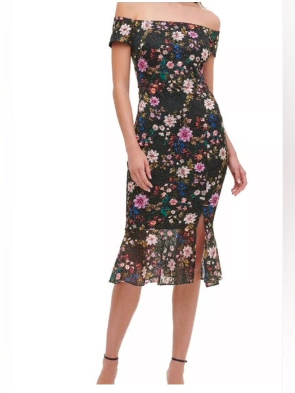 GUESS Women’s Black Floral Lace Off Shoulder Cap Sleeve Bodycon Midi Dress 4